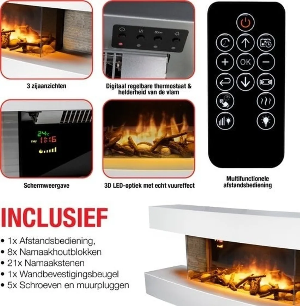 Classic Fire Montreal Cheminée Électrique 2000W avec Télécommande Blanc - 12