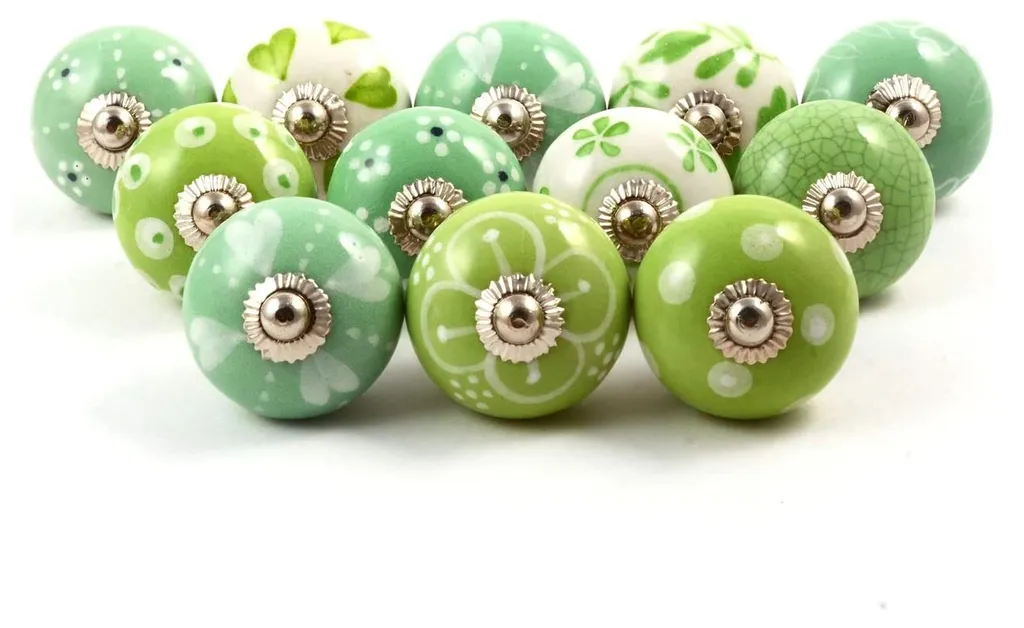 Lot de 12 boutons de porte en céramique verts et blancs haut de gamme
