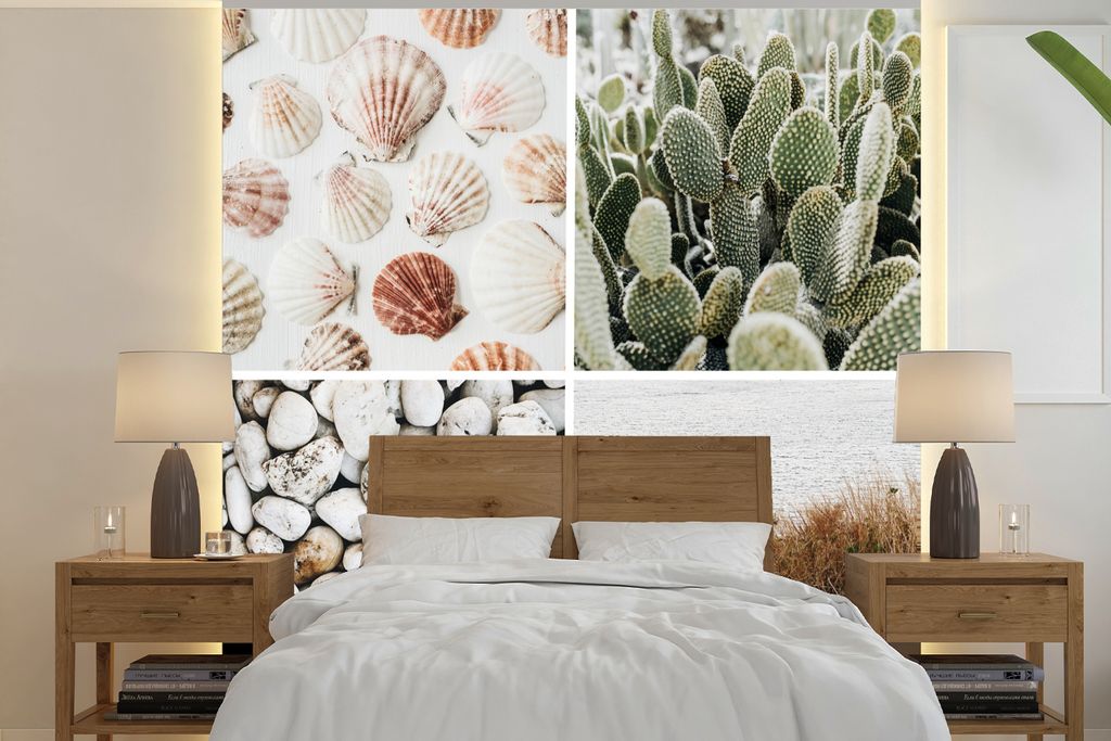 MuchoWow Fototapete für Wohnzimmer oder Schlafzimmer Wandtapete Vinyl Motivtapete Collage - Sand - Steine - 300x300 cm - Wanddekoration