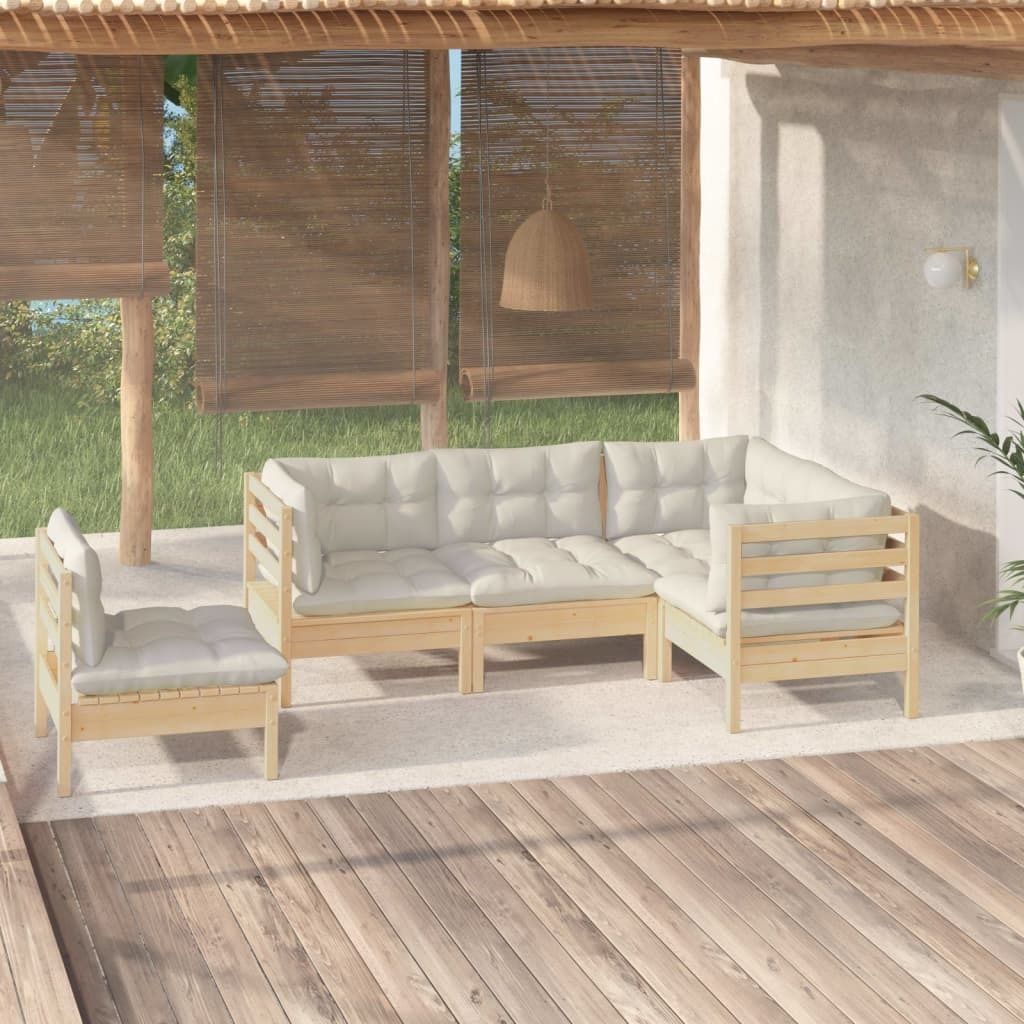 The Living Store 5-tlg. Garten-Lounge-Set mit Creme Kissen Kiefernholz
