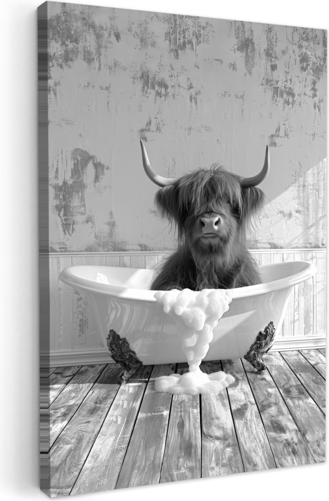 MuchoWow - Leinwandbilder - Scottish Highlander - Tier - Badewanne - Schwarz - Weiß, Wandbild, Wanddeko Bilder Wohnzimmer, 80x120 cm