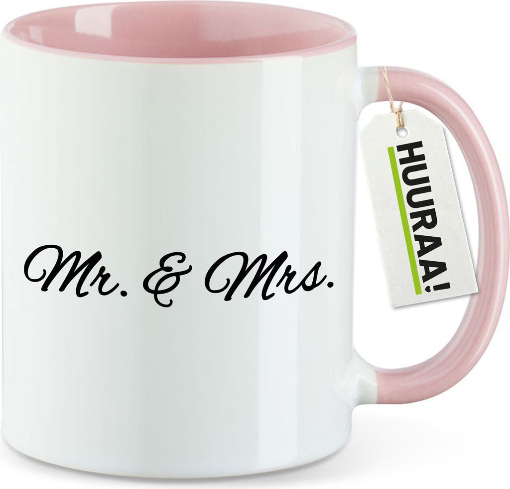 Huuraa Kaffeetasse Mr. & Mrs. Schriftzug 330ml Rosa Keramik Kaffeebecher Geschenkidee
