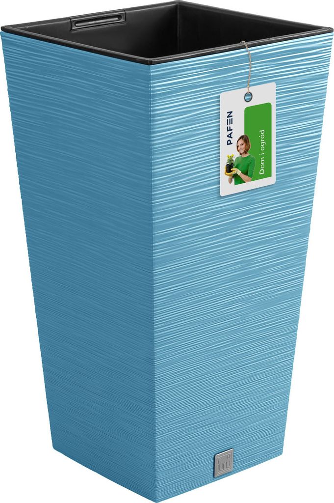 A blue textured planter pot with a tag attached.