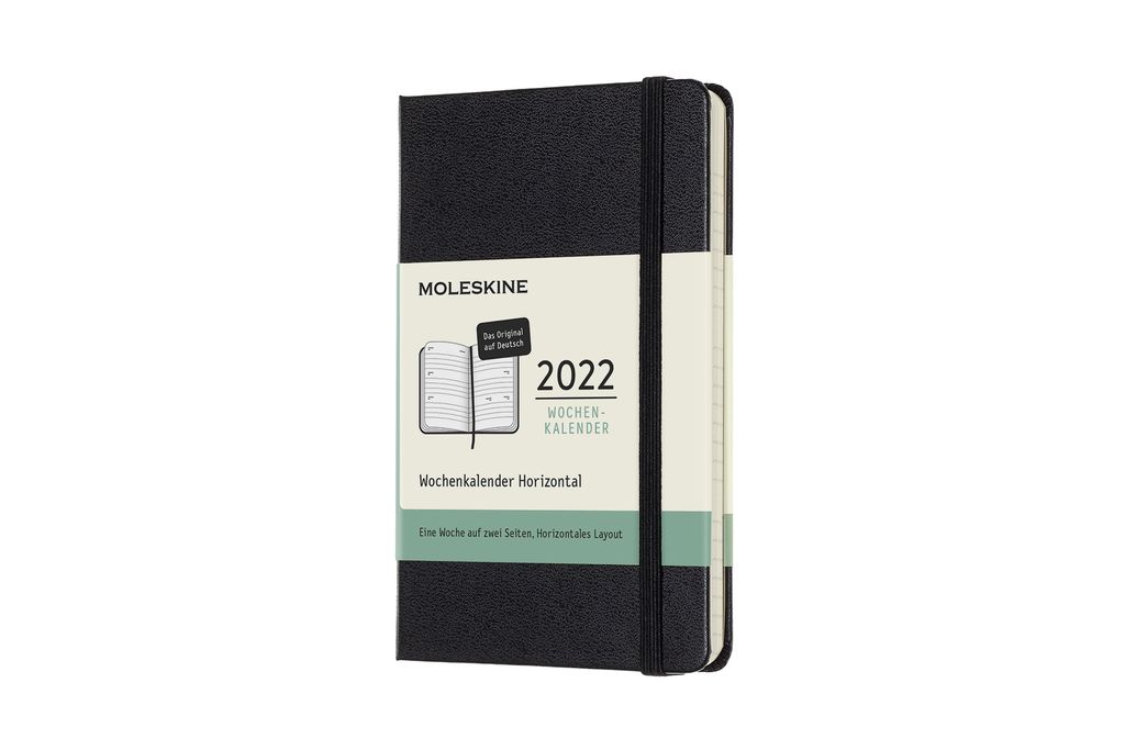 Moleskine 12 Monate Wochen-Notizkalender 2022 - horizontal - Fester Einband - Deutscher Kalender - 1 Wo = 1 Seite - Schwarz - Pocket (9x14)