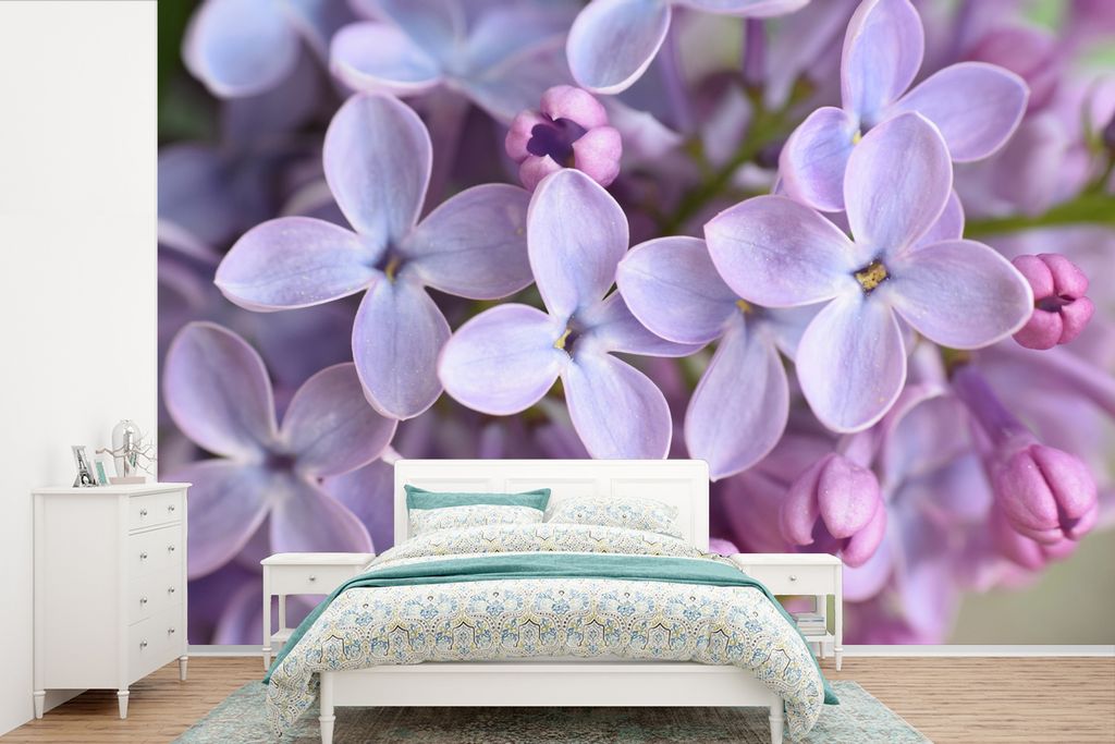 MuchoWow Fototapete für Wohnzimmer oder Schlafzimmer Wandtapete Vinyl Motivtapete Nahaufnahme von lila Fliederblüten - 360x240 cm - Vinyl-Tapete
