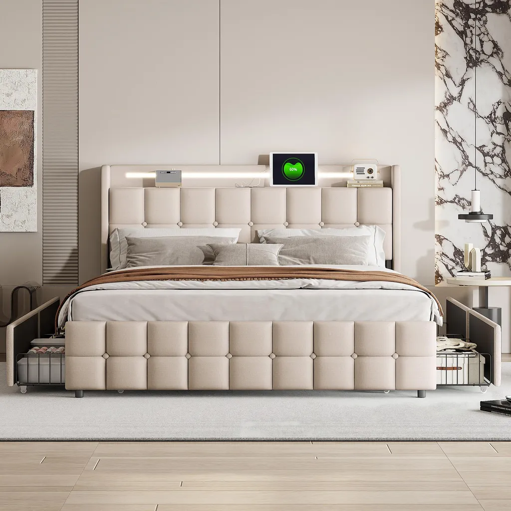Lit Double 140x200 LED Beige avec 4 Tiroirs et Tête de Lit Design