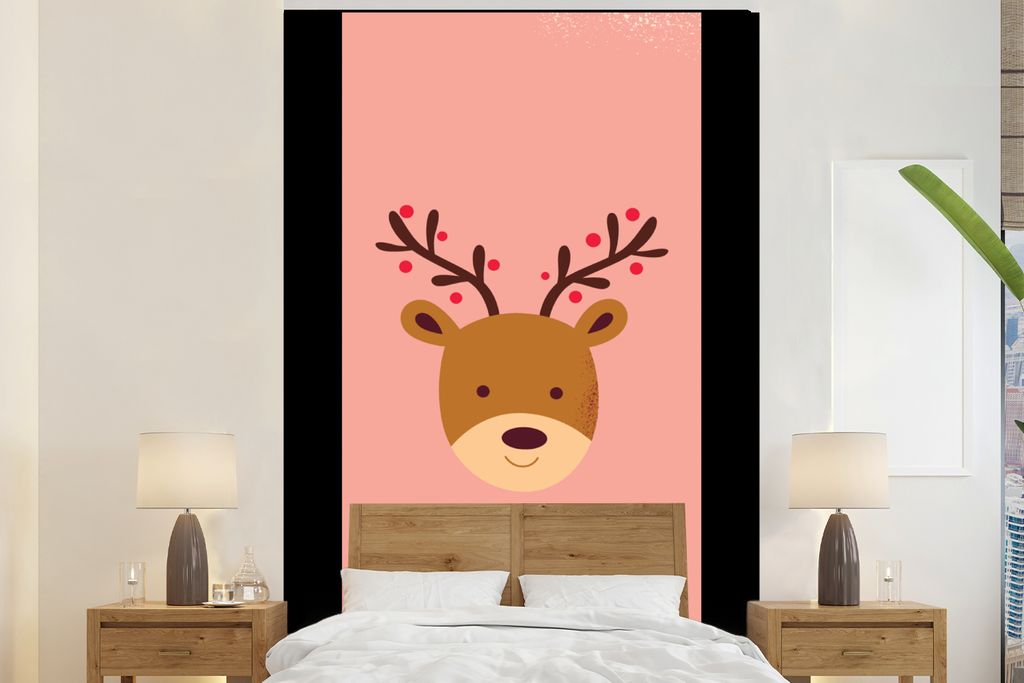 MuchoWow Fototapete für Wohnzimmer oder Schlafzimmer Wandtapete Vinyl Motivtapete Rentier - Weihnachten - Rosa - Winter - 200x300 cm - Wanddekor...