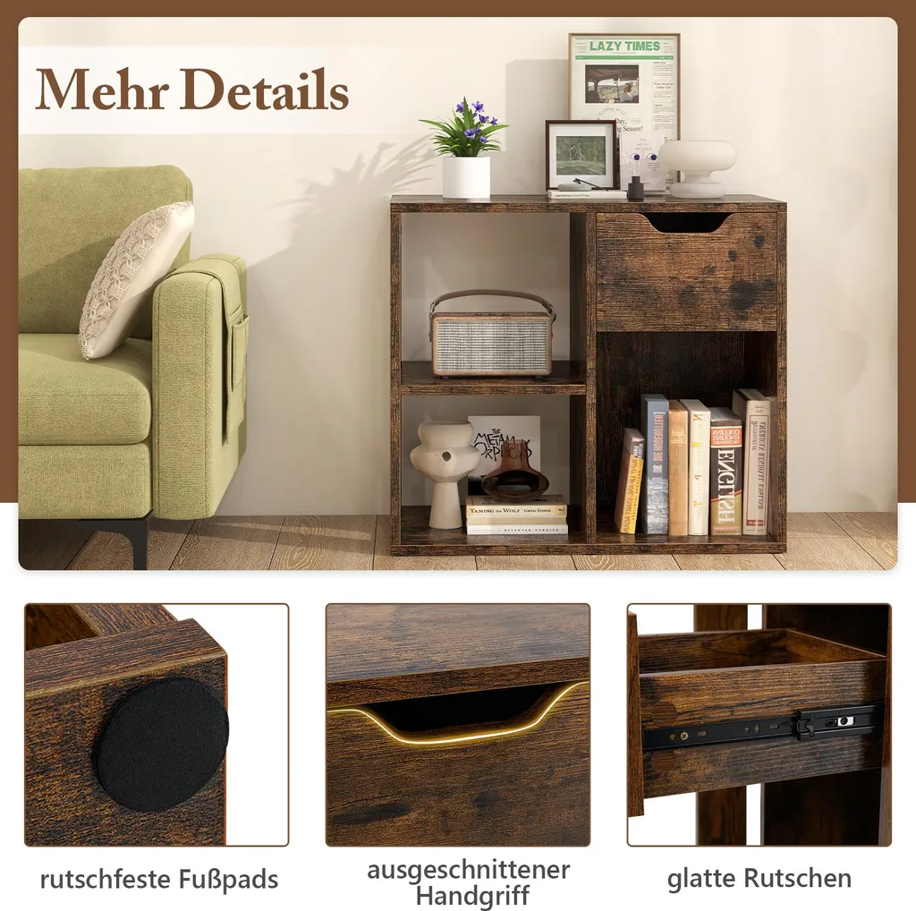 Bibliothèque Basse à 3 Compartiments et Tiroir en Bois Brun Stable 60cm - 4