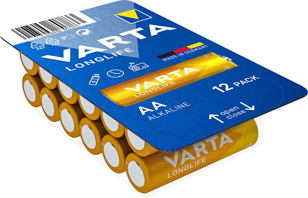 A pack of VARTA AA Longlife alkaline batteries.