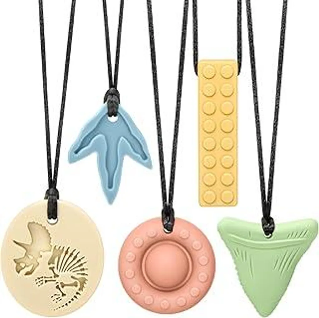 CLDY Collana masticabile per bambini, confezione da 5 collane sensoriali masticabili, giocattoli per bambini e bambine con autismo, anello da dentizione in silicone senza BPA, perfetto per bambini con ADHD, che mordono o si mangiano le unghie