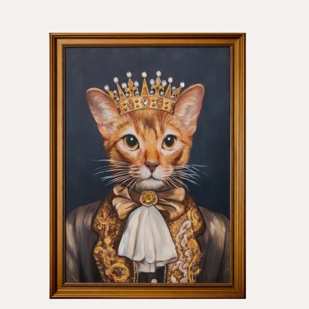 Portrait chat vintage avec couronne et cadre bois 40cm finition artisan