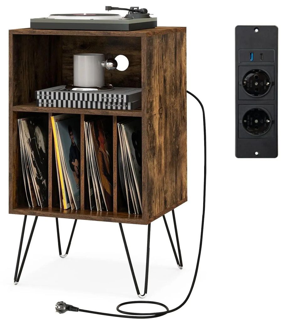 Plattenspieler Tisch - Vinylplatten Aufbewahrungstisch - 3 Ebenen - Ladestation - Ablage mit 4 Trennwänden - Braun