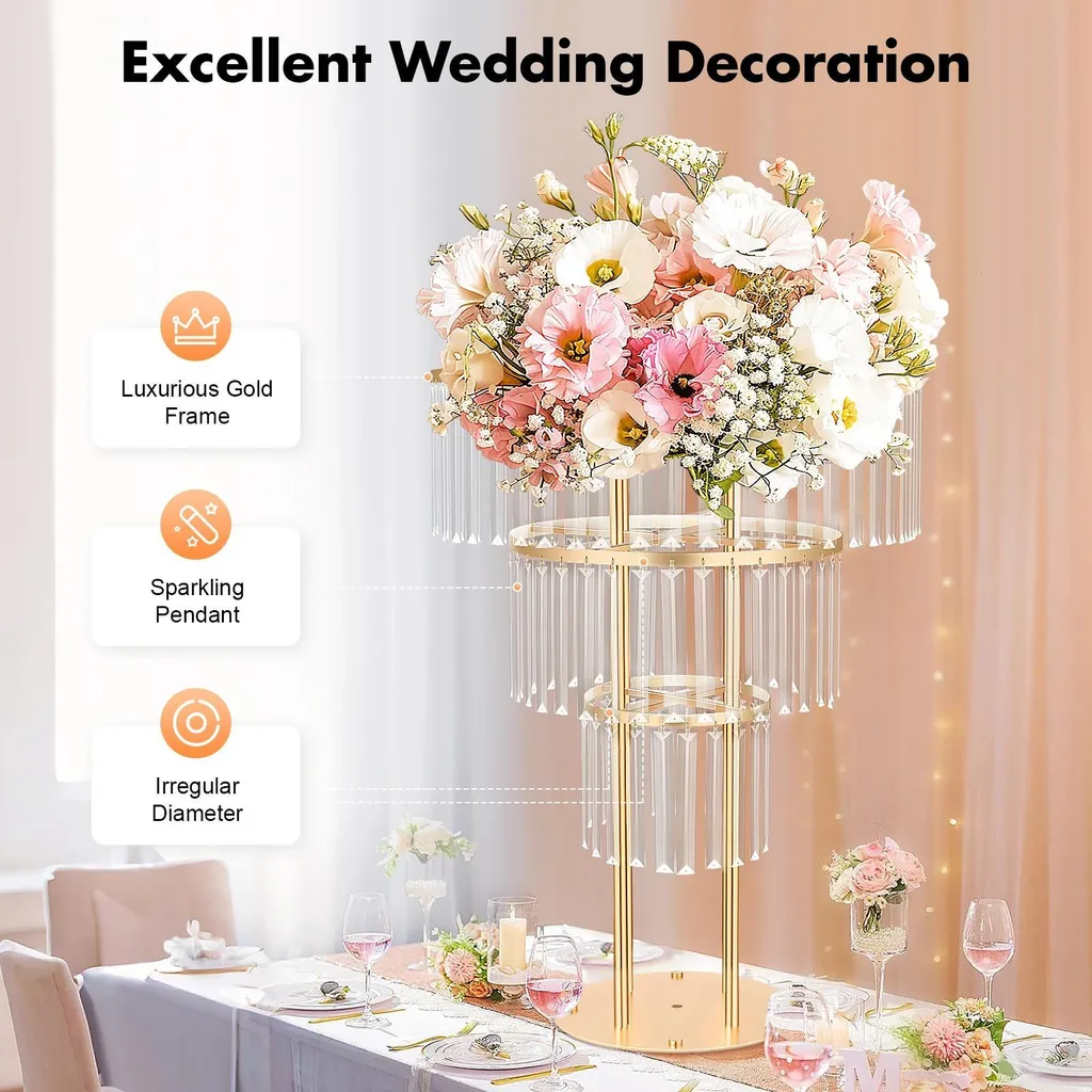 Décoration mariage : Support fleurs doré 3 étages en cristal 90cm