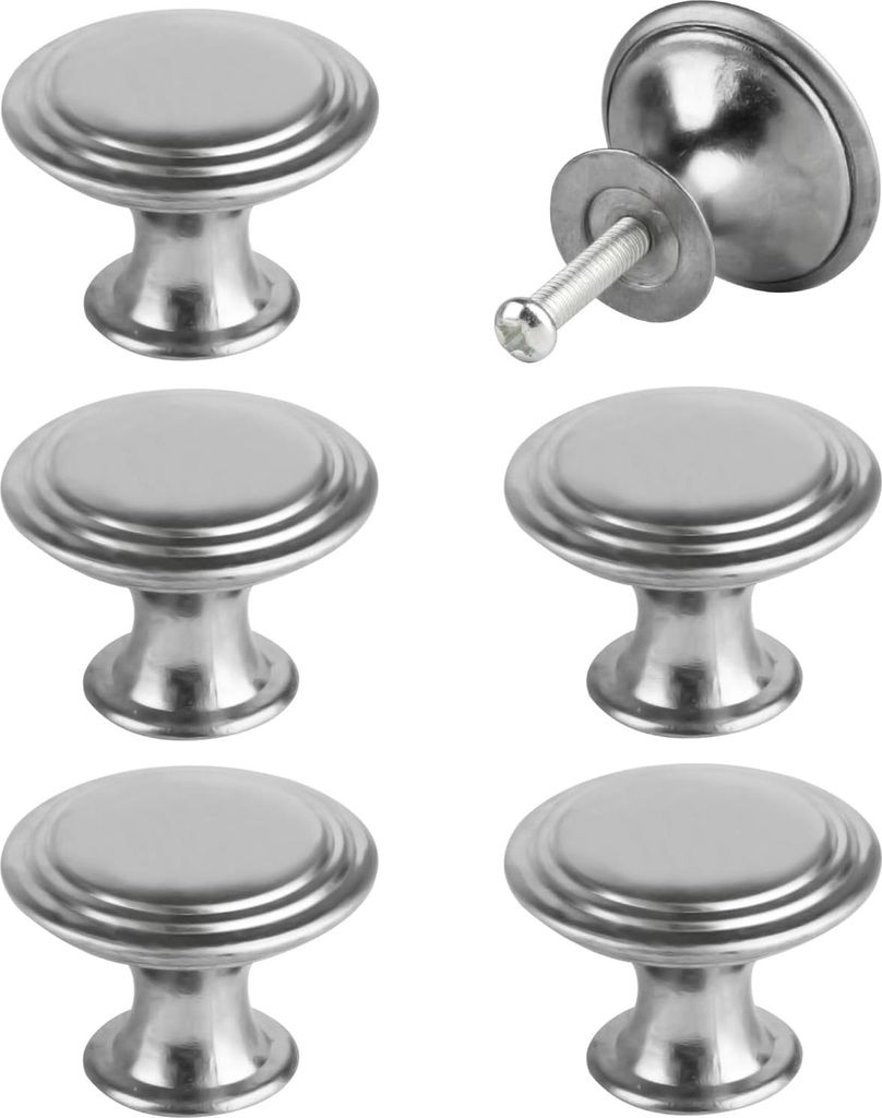 Set mit 6 Vintage-Schubladenknöpfen aus Silber, 30 mm Durchmesser, rund, für Schränke und Kommoden