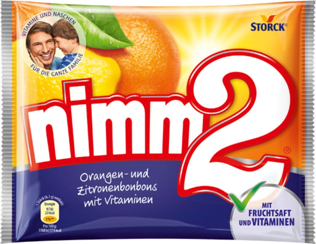 The image shows the packaging of Storck Nimm2 candies, featuring oranges and lemons, along with a father and son.
