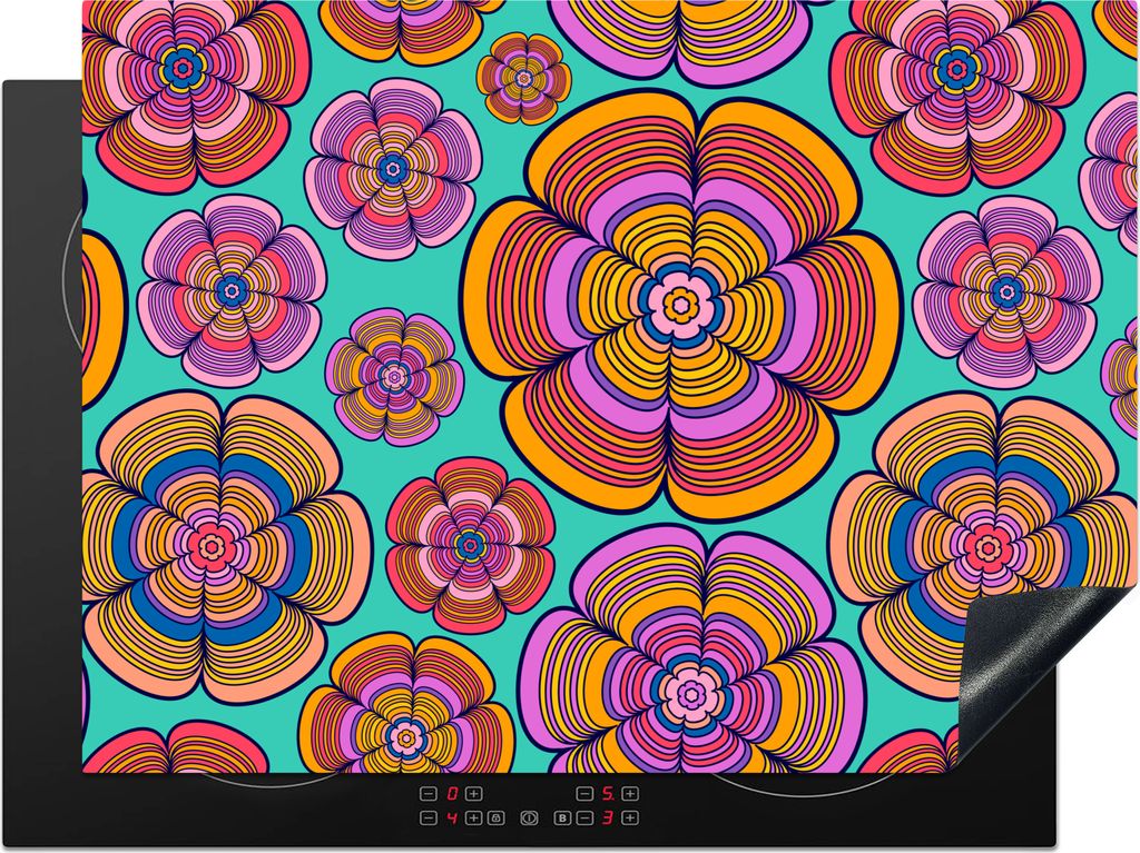 KitchenYeah Herdabdeckplatte Design - Flower Power - Farben , 70x52cm, Küche Deko, Glaskeramikkochfeld Herdabdeckung, Abdeckplatte fùr Kochfeld