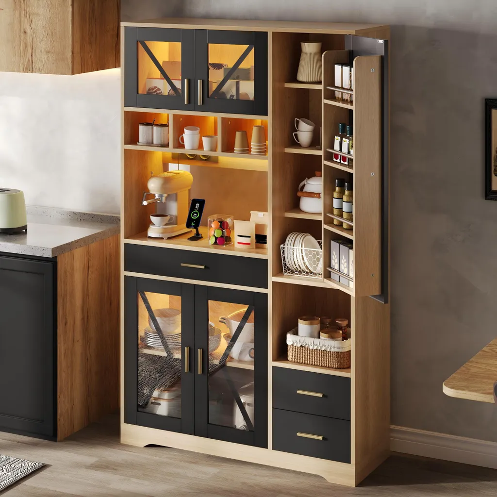 Buffet de Cuisine Noir avec Vitrine LED et Prises Secteur Intégrées - 7
