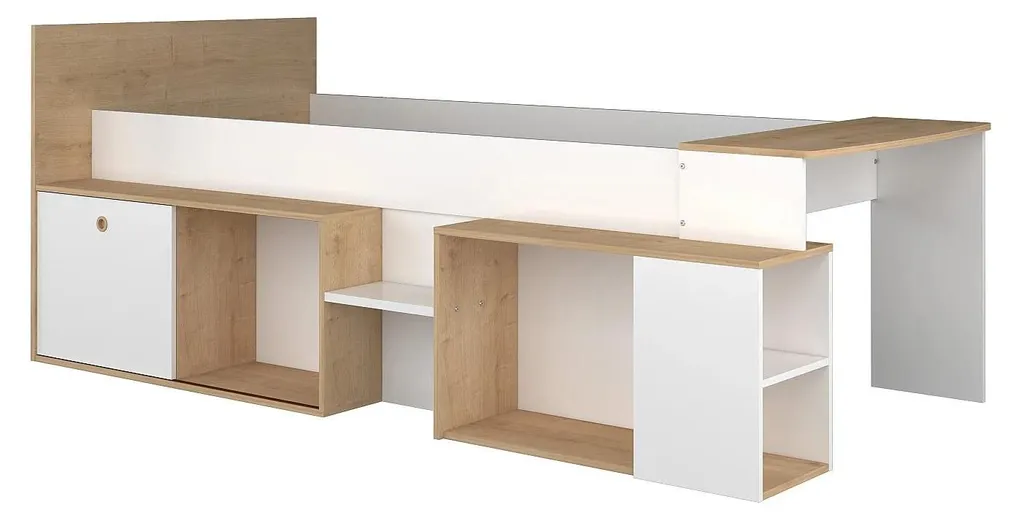Meuble combiné lit mezzanine 90x200 cm PALOMA en blanc et bois clair
