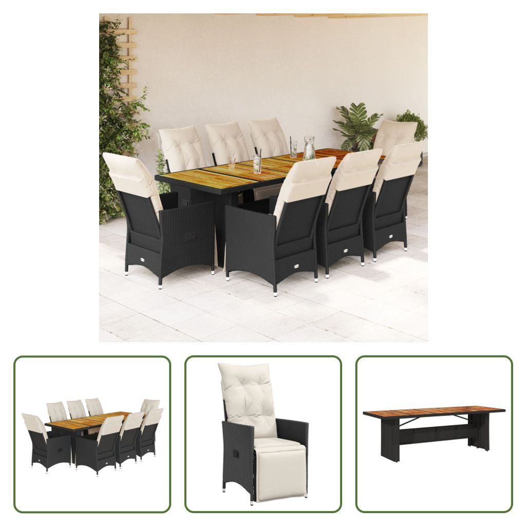 The Living Store 9-tlg. Garten-Bistro-Set mit Kissen Schwarz Poly Rattan