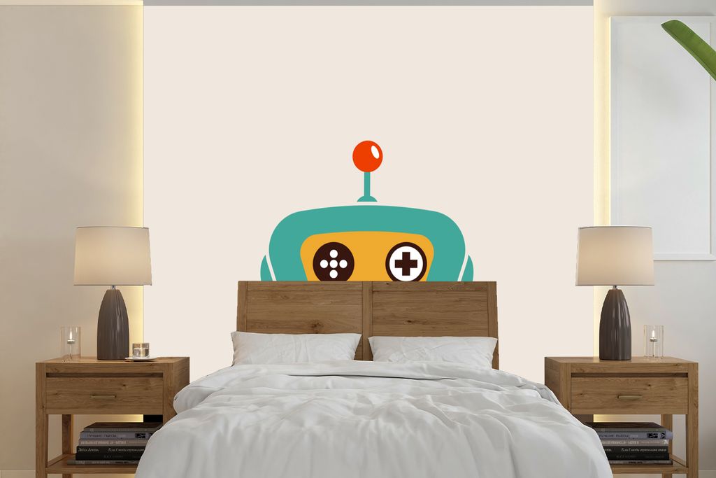 MuchoWow Fototapete für Wohnzimmer oder Schlafzimmer Wandtapete Vinyl Motivtapete Roboter - Gesicht - Antenne - Technik - Junge - Kind - 240x240...