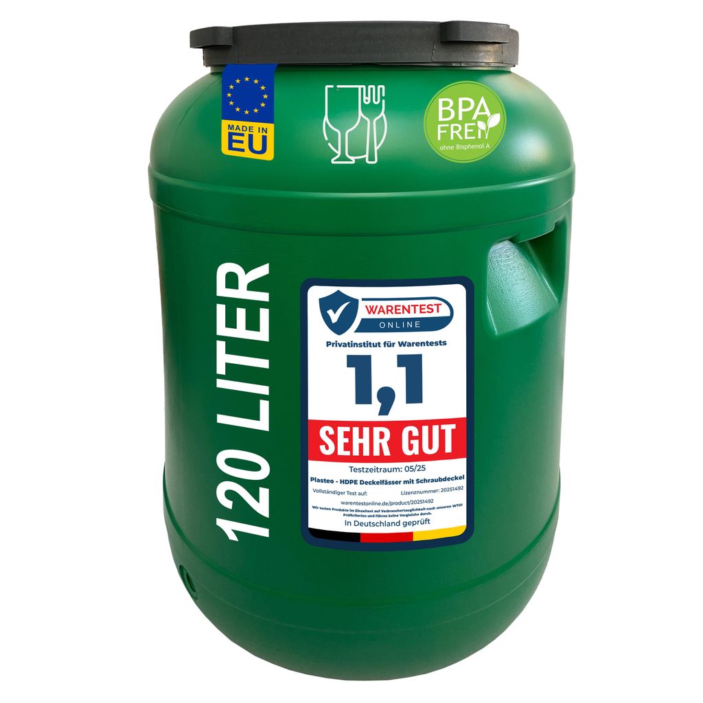 plasteo Weithalsfass 120 L Deckelfass lebensmittelecht – Produktbild 