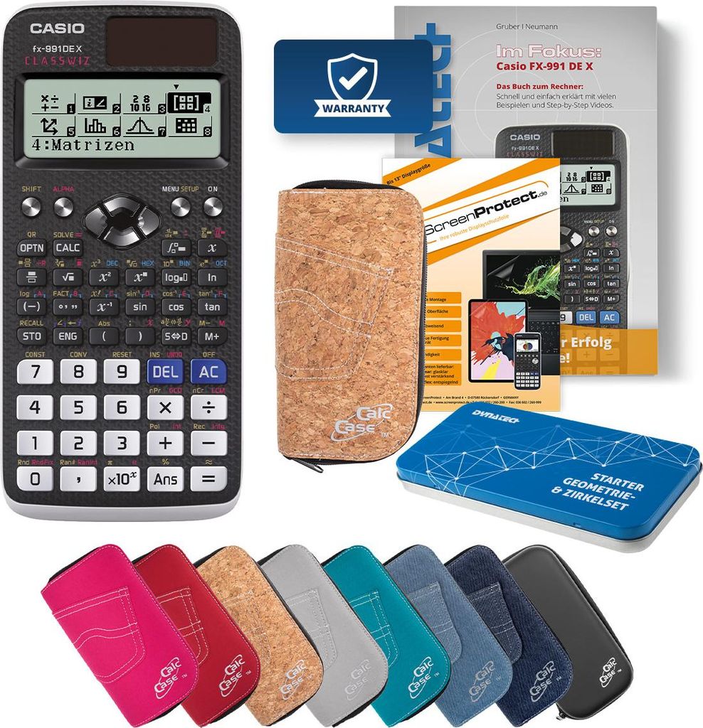Casio FX-991 DE X Taschenrechner mit Tasche kork, Folie, Fachbuch und Zirkel Set