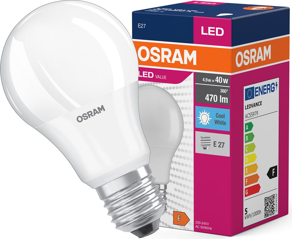 A product shot of an OSRAM LED light bulb and its packaging.