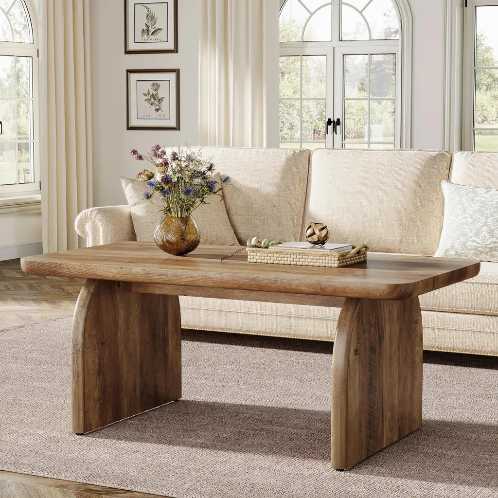 Table basse robuste en bois brun rustique 120 cm - Style campagne