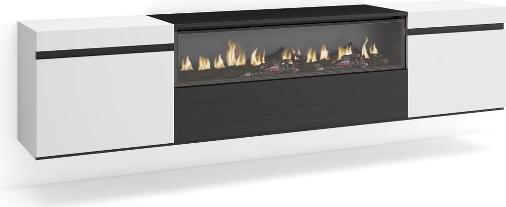 A modern, wall-mounted entertainment unit with white cabinets on either side of a central black section containing an electric fireplace.