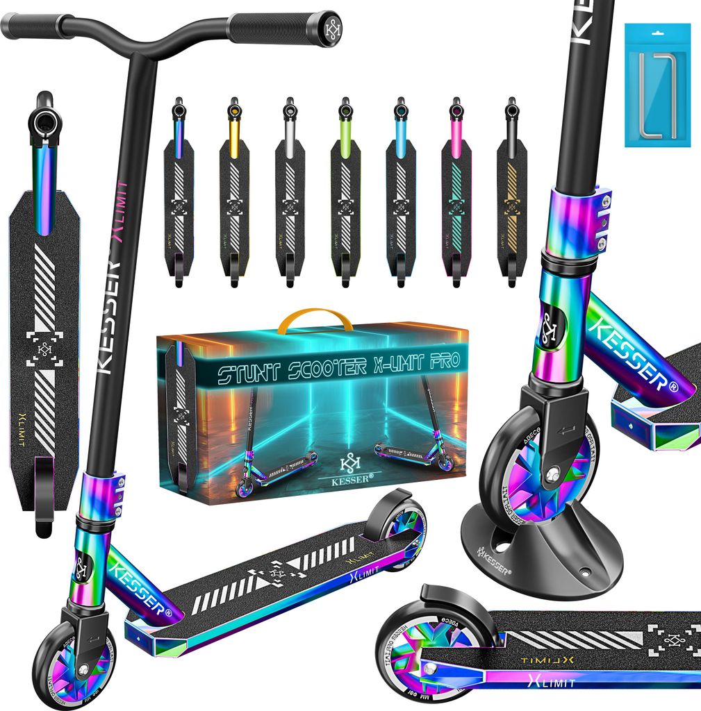 A collage of a stunt scooter and its packaging, along with various accessories and color options.