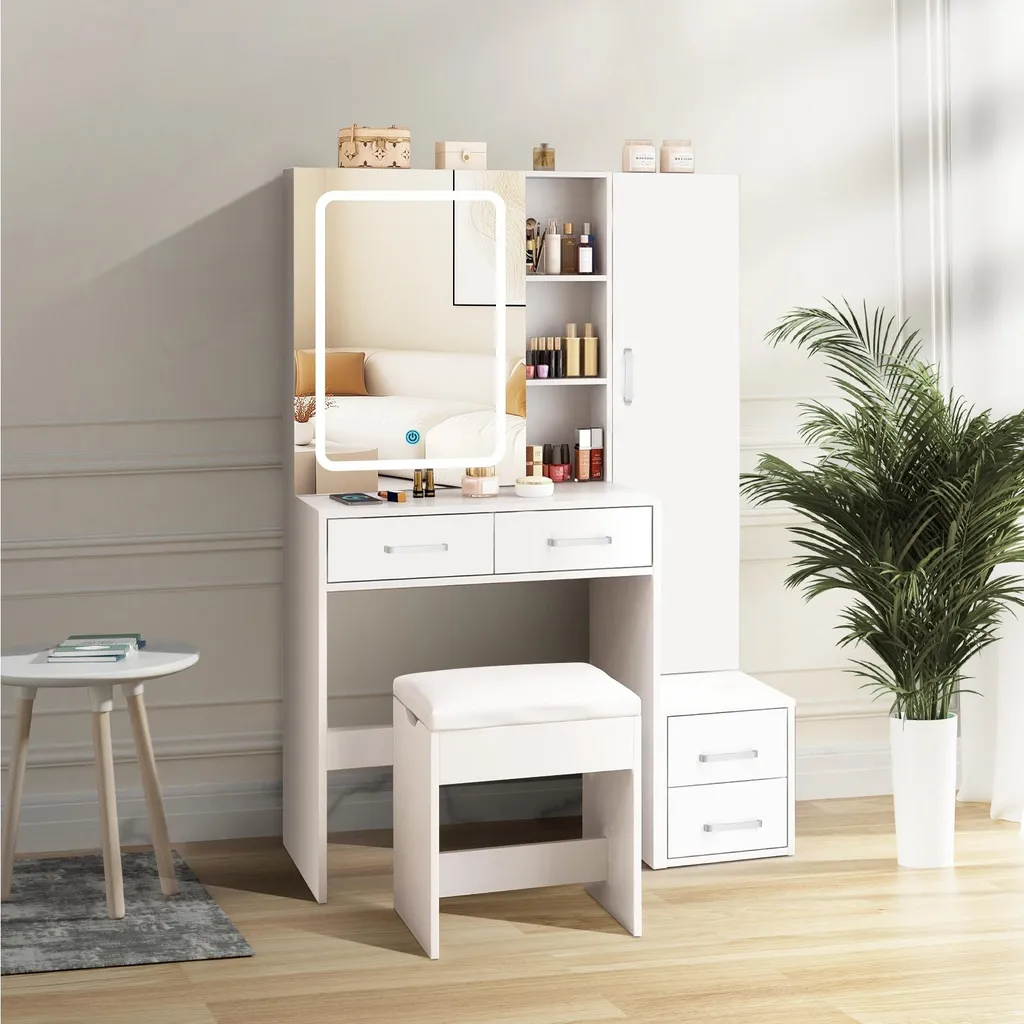 Coiffeuse Maquillage avec Miroir Lumineux et Rangement - Meuble de Chambre