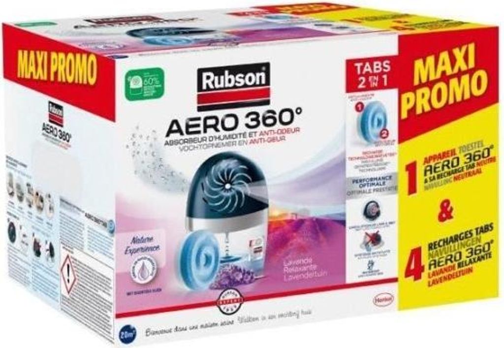 Rubson Aéro 360° Luftentfeuchter, 20 m², 4 Lavendel Nachfüller + 1 Gerät
