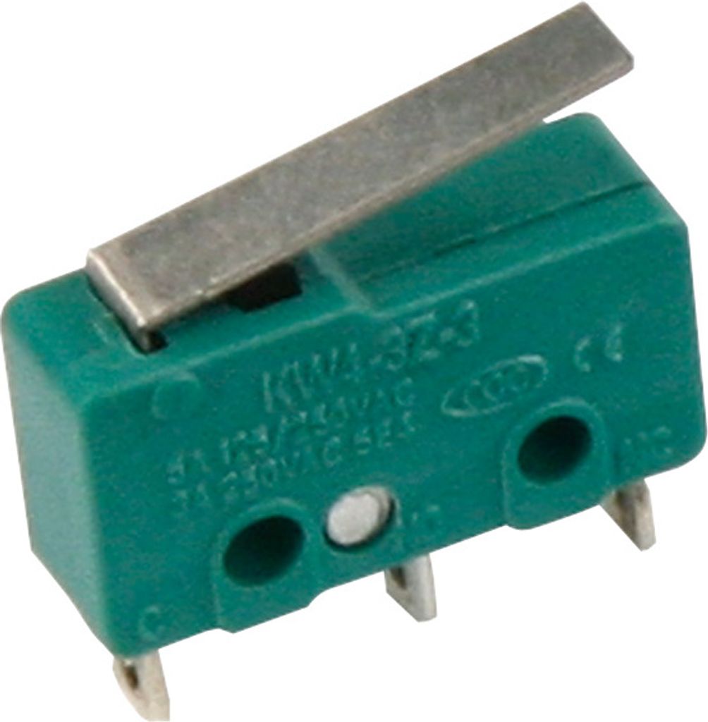 A close-up studio shot of a green microswitch with a silver lever.