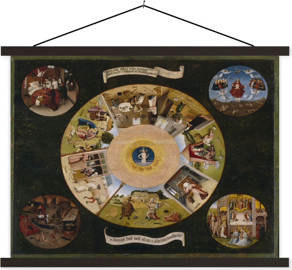 MuchoWow Textilposter Die sieben Todsünden und die vier letzten Dinge - Gemälde von Hieronymus Bosch 150x113 cm mit schwarzem Rahmen - Wohnzimmer
