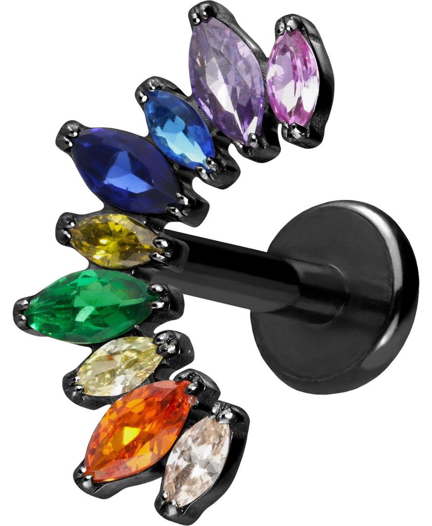 Ohrpiercing, Nasenpiercing Titan Labret mit Push Fit BUNTER KRISTALLBOGEN Schwarz Stablänge: 10mm | Stabstärke: 1,2mm