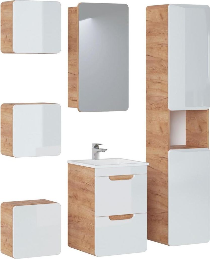Design Badezimmer Möbel Gruppe Bad 6tlg. Set Garnitur Schrank Waschbecken Holz
