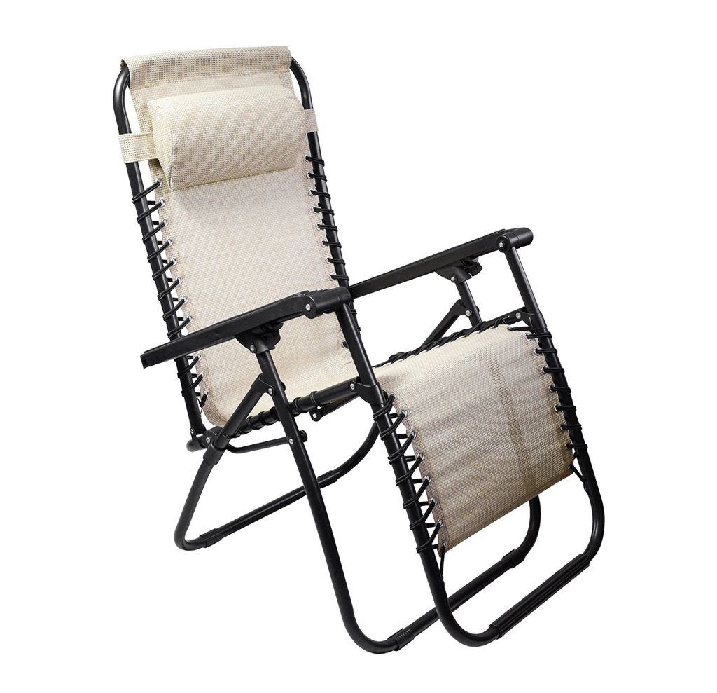 A beige and black zero gravity chair against a white background.