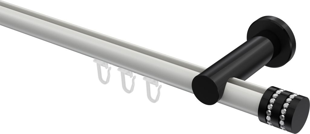 Interdeco Innenlaufstange / Gardinenstange mit Innenlauf Weiß / Schwarz, Typ Platon Estana (Glitzerkappe), 20 mm Ø 1-läufig, 360 cm
