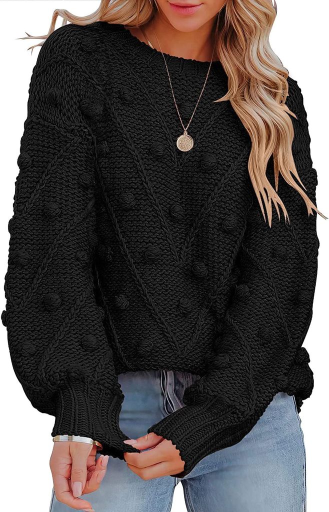 ASKSA Damen Pullover Rundhals Pompons Strickpullover Lose Einfarbiger Pulli Einfarbig Sweater, Schwarz, XL