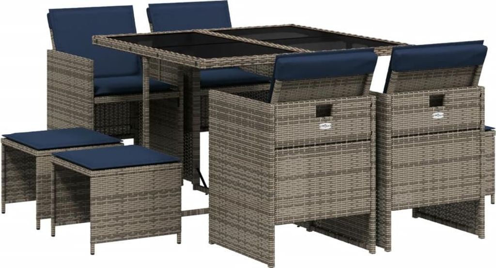 9-teiliges Garten-Ess-Set mit Kissen, grau, Polyrattan