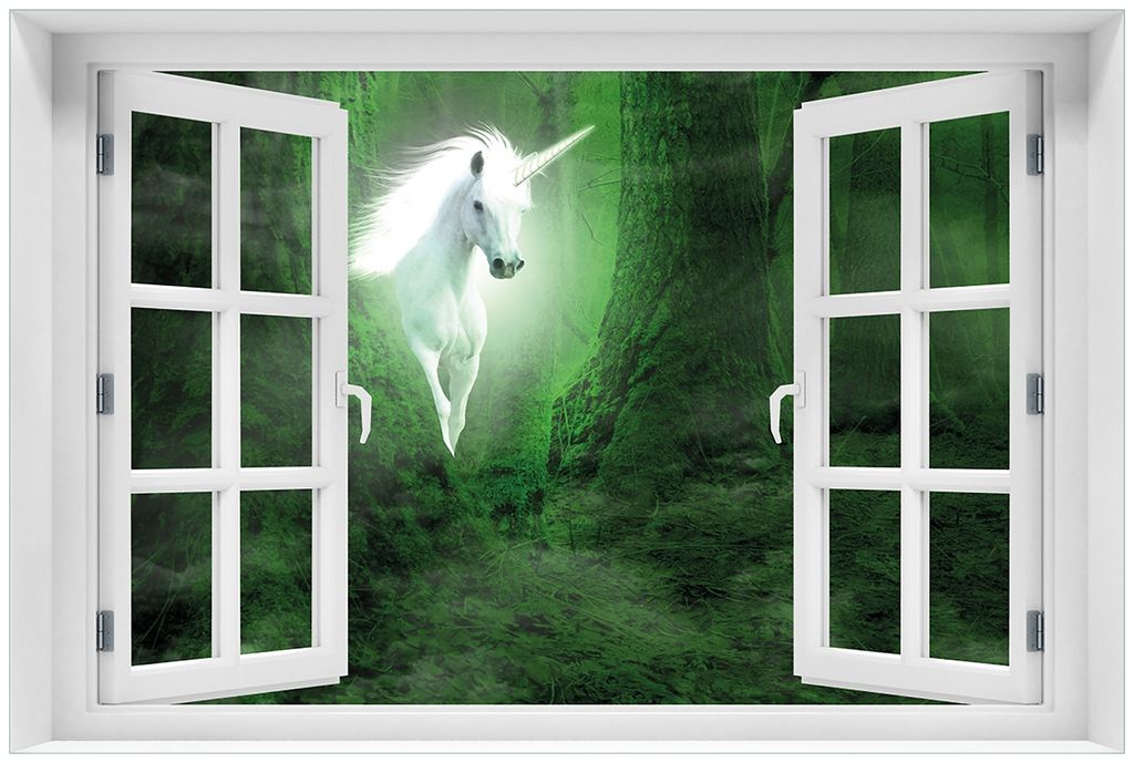 Wallario Premium Glasbild mit Fensterrahmen, freischwebende Optik, kräftige Farben, Größe 60 x 90 cm Motiv Weißes Einhorn im grünen Wald