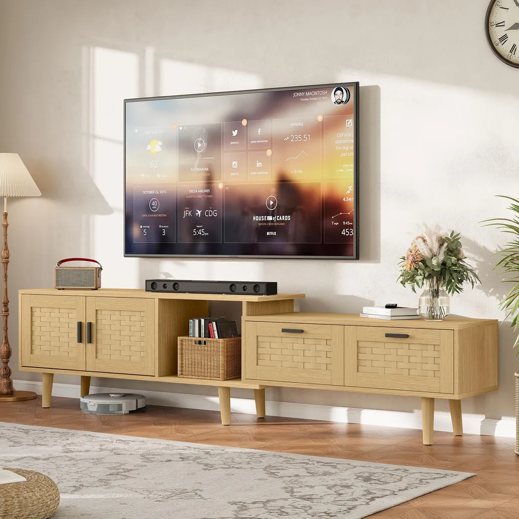 Meuble TV 180 cm en chêne avec pieds hévéa et tiroirs rotin pour TV 75"