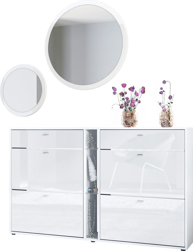 Vladon Garderoben-Set Florence mit Schuhschrank und 2 Wandspiegel, GERMANY, Weiß matt/Weiß Hochglanz