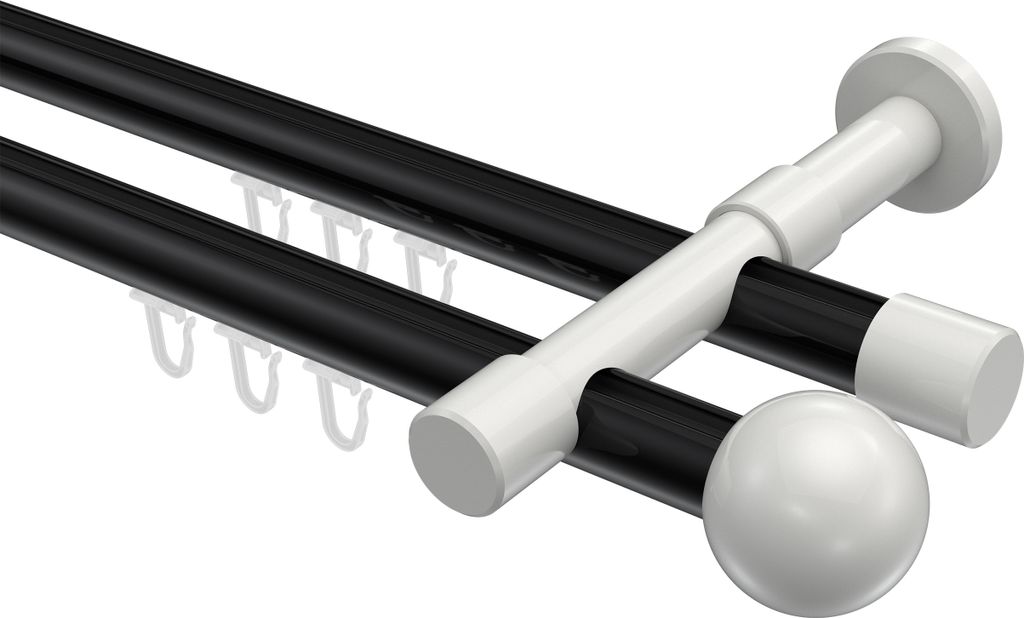 Interdeco Innenlaufstange / Gardinenstange mit Innenlauf Schwarz / Weiß, Typ Prestige Luino (Kugel), 20 mm Ø 2-läufig, 160 cm