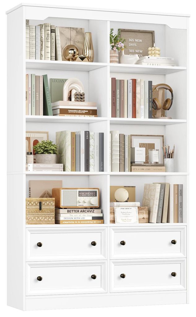 Bücherregal mit Stauraum - 7-stufiges Standregal - 100x30x180 cm - Holz, freistehend - Mit Türen, Schubladen und offenen Fächern - Weiß