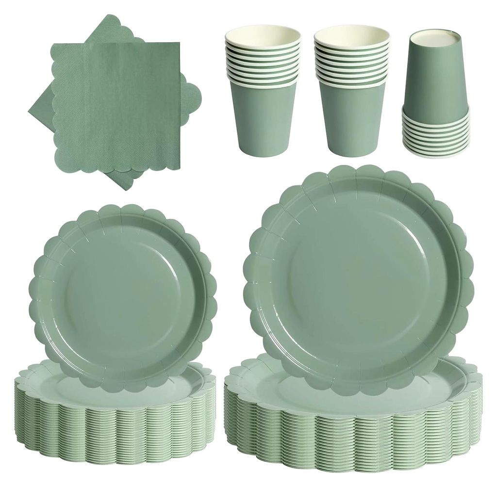 Grünes Partygeschirr, 96-teiliges Pappteller-Set mit Blumenmuster für 24 Gäste, Papier Teller, Pappbecher und Servietten für Geburtstagsfeiern,...