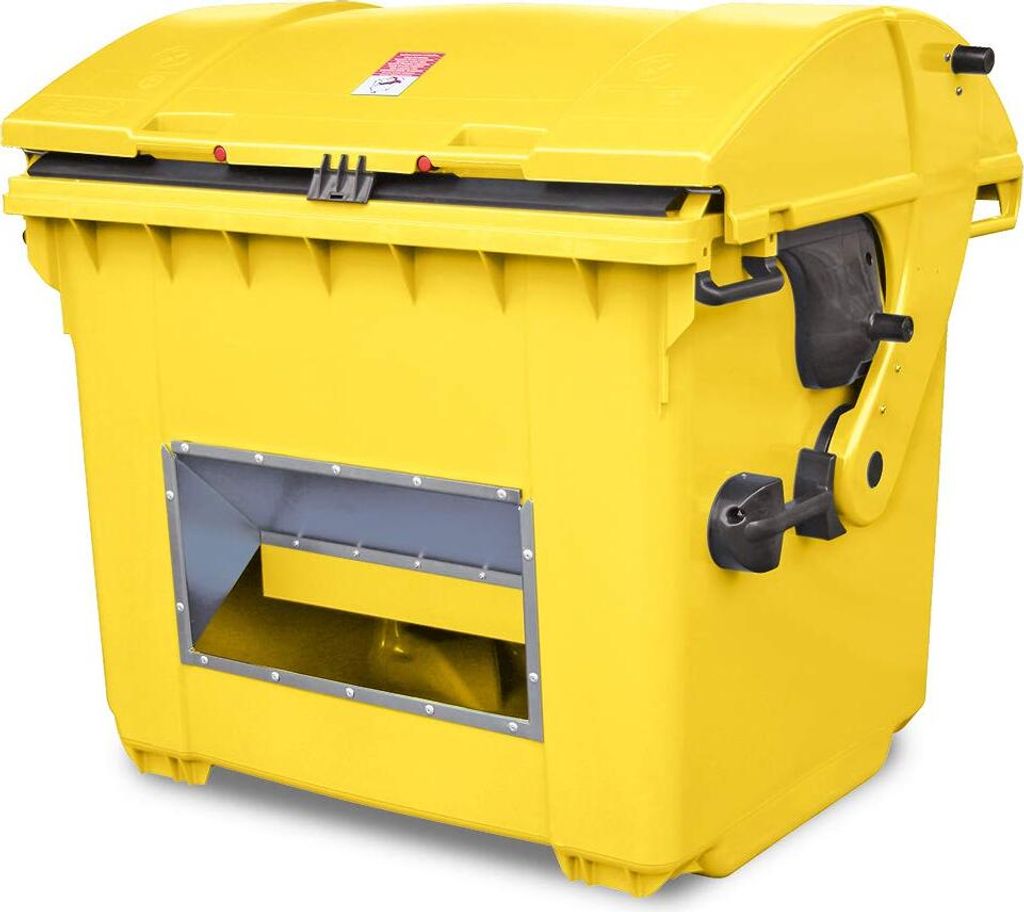 Streugutbehälter 1100 Liter, gelb, HDPE Kunststoff, mit Runddeckel, BxTxH 1365 x 1060 x 1150 mm, Aufnahme für Kammschüttung