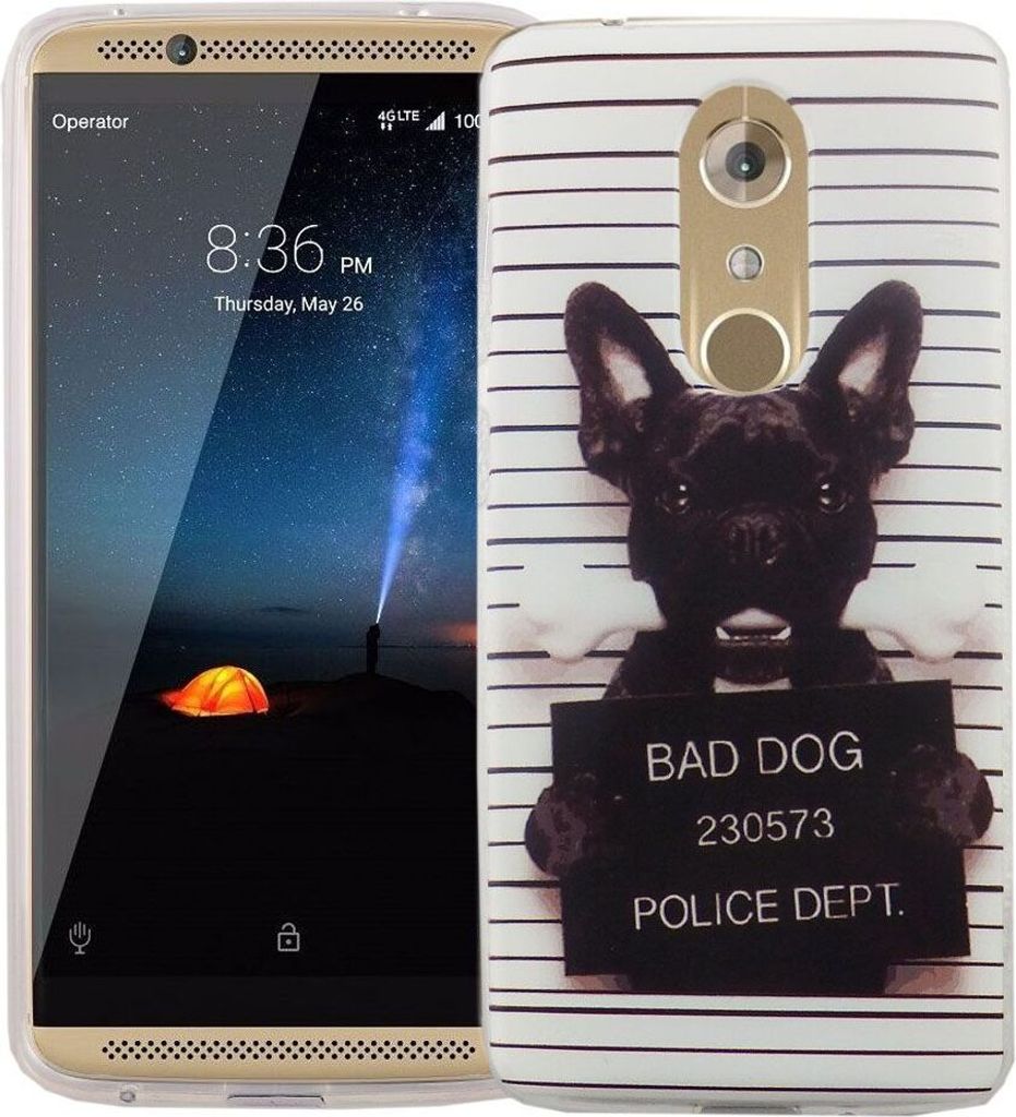 Handy Hülle für ZTE Axon 7 Cover Case Schutz Tasche Motiv Slim Silikon TPU Böser Hund Weiß