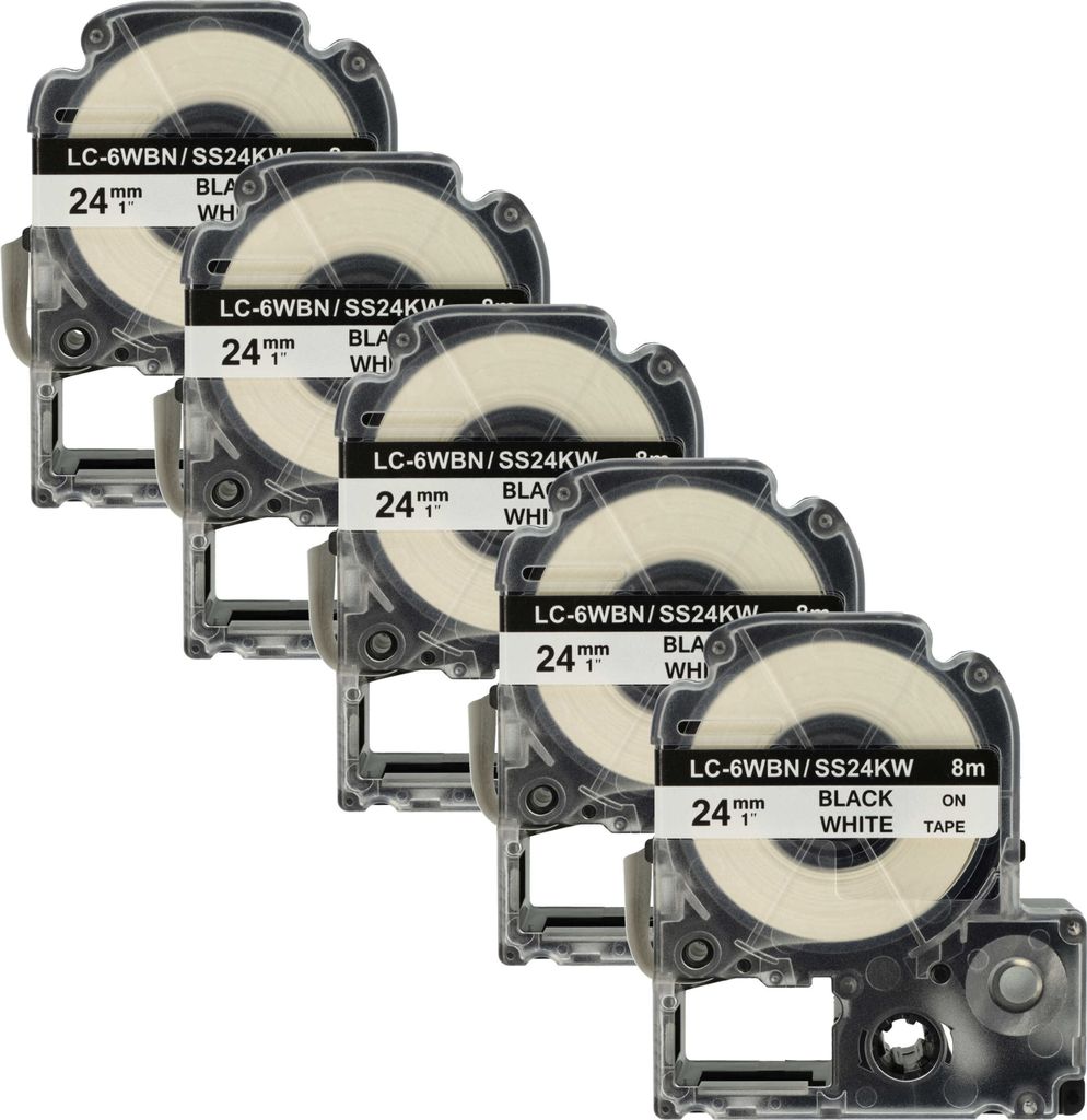 vhbw 5x Schriftband-Kassette kompatibel mit Epson LabelWorks LW-700, OK200, LW-900P, OK720, OK300, OK500P Etiketten-Drucker 8m x 24mm Schwarz auf W...