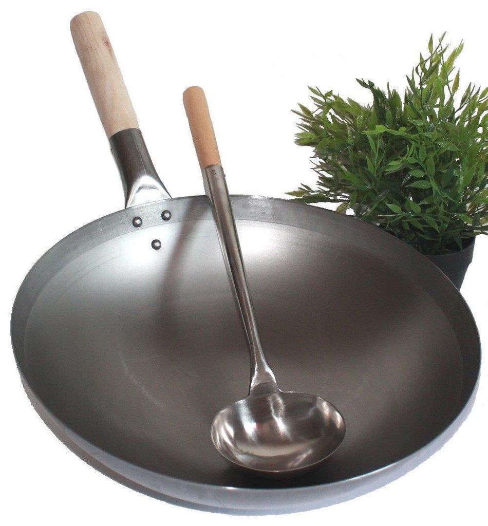 WOK SET, 35RB-K02, Wok Pfanne 35 cm Ø runder Boden Kohlenstoffstahl + Wokkelle Edelstahl Größe S - 44 cm lang mit Holzgriff